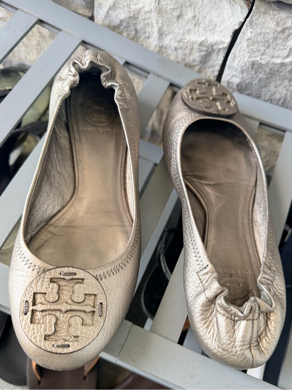 Tory Burch Metallic Silver Logo Ballet Flats